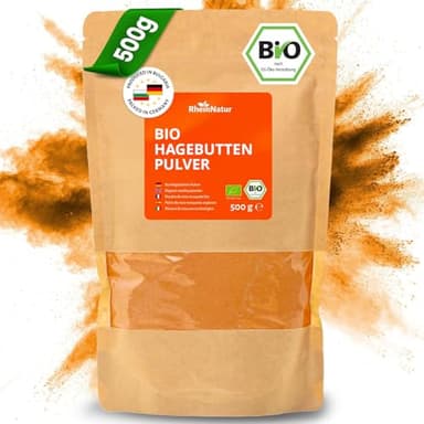 RheinNatur Bio Hagebutten-Pulver 500 g - 100% Bio Hagebutten gemahlen - Reich an Vitaminen, Mineralstoffen & Antioxidantien - Ideal für Smoothies, Tee, Müsli & mehr