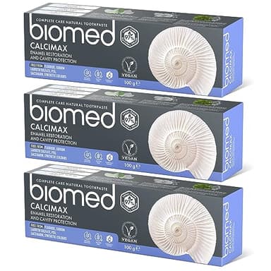 BIOMED – Calcimax Zahnpasta 3 x 100 g, stärkt und stellt den Zahnschmelz wieder her, schützt vor Karies, reinigt sanft, beruhigt Zahnfleisch und Empfindlichkeit, frei von Fluorid, SLS, PEG, Saccharin