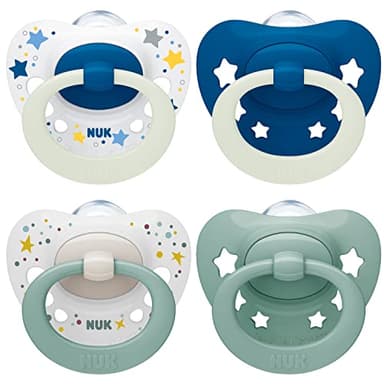 NUK Signature Day & Night Babyschnuller | 0-6 Monate | Beruhigt 95 % der Babys | BPA-freie Silikonschnuller in Herzform | Leuchtet im Dunkeln | Sterne | 4 Stück