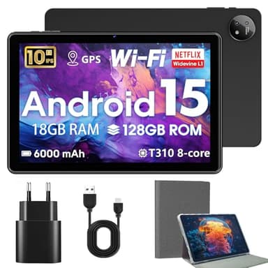Hasskya Tablet 10 Zoll mit Hülle, Android 15-Tablets,18GB RAM+128GB ROM 1TB Erweiterbar,Widevine L1-kompatibles Octa-Core Tablett mit WiFi 5,HD IPS Touchscreen,6000 mAh,T310-CPU,5MP+8MP Doppelkamera