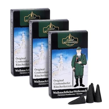 Crottendorfer Räucherkerzen Weihnachtlicher Weihrauch 3er Pack (3 x 24 Stück) – Kräftiger Weihrauch vermischt mit exquisiter Vanillenote – Höhe 2,7cm, Ø 1,2cm – 15 Min. Brenndauer pro Räucherkegel