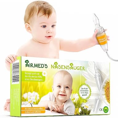 Nasensauger Baby. Original Airmed's Nasensauger. KLINISCH GETESTET, sicher und sanft. Nasensekretsauger mit 2 Saugköpfen & Gratis Reinigungsbürste. Für jeden Staubsauger geeignet