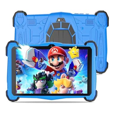 Semeakoko Kinder Tablet 7 Zoll Android 15, Tablet Kinder mit Sturzschutzgehäuse 10GB RAM + 64GB ROM (TF 1TB), Octa-Core, 2.0GHz, 2.4G/5.0G WiFi, 4000mAh, BT5.0 (Blau)