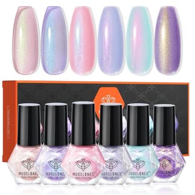 modelones Nagellack Set, 6 Farben Nagellack Schnelltrocknend Charme Rosa Blau Gold Lila Grün Aurora Nail Polish Set, Langanhaltender Gel Polish Set für DIY Salon Geschenk Maniküre