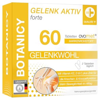 BOTANICY Gelenk Aktiv Forte - 60 Gelenkkapseln - Ovomet® Eierschalenmembran Pulver, Grünlippmuschel Pulver, Vitamine C, D, K plus Zink & L-Prolin - Gelenke, Knochen, Bänder & Sehnen - Laborgeprüft