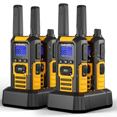Radioddity HD-1 Funkgerät Set, Walkie Talkie wasserdicht IP67, Robuste PMR, staubdicht stoßfest mit EIN-Tasten-Gruppenruf, Vibrationsalarm, SOS, Dual PTT, Basis- und USB-C-Ladung (4 Stück)