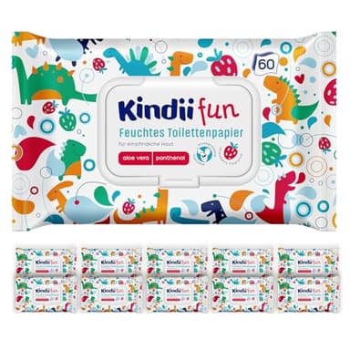 Kindii Fun Feucht-Toilettenpapier – (1x60 Stück) Feuchtes Toilettenpapier – für Kinder, Kamille, Aloe Vera, pH-neutral, spülbar – 60 Stück