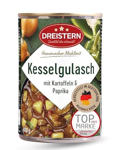 DREISTERN Kesselgulasch 400g I Mit Kartoffeln & Paprika I Herzhaftes Fertiggericht in recyclebarer Konservendose I Lange Haltbarkeit dank natürlicher Konservierung I Hausmacher Qualität