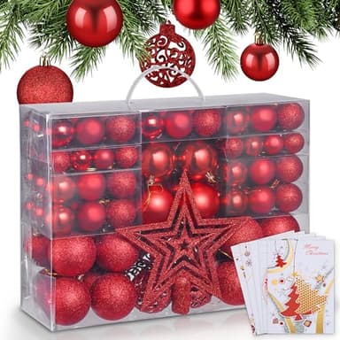 ONBEST Weihnachtskugeln 128-teiliges Set – 1x Baumspitze Glitzer Stern & 127x Kugel – mit Verpackung – Weihnachtsschmuck Deko für Drinnen & Draußen aus Kunststoff – Plus 5X Karte (Rot)