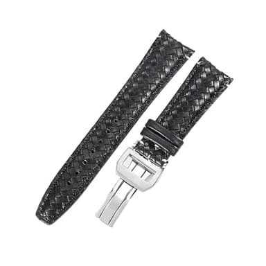 ROUHO 20mm Gebogenes Ende Gewebtes Leder Uhrenarmband Atmungsaktiv Ersatz Uhrenarmband für IWC Portugieser IW371614-Schwarz mit Silber Faltschließe