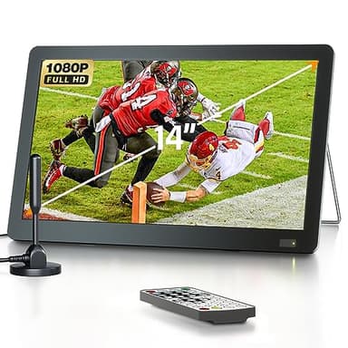 DESOBRY 14.1 Zoll Tragbarer Fernseher mit ​DVB-T2 HD Antenne & 3000mAh Akku, Full HD HDMI/USB/AV Anschlüsse, Integrierter Ständer für Camping/Notfall (inkl. Fernbedienung) (DVB-T2)