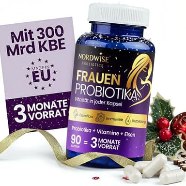 NORDWISE Probiotika Darmsanierung für Frauen - 90 Darmbakterien Kapseln hochdosiert mit 300 Mrd. KBE pro Packung - Unterstützung für Darmflora Aufbau - Darmreinigungskur zum Blähbauch loswerden