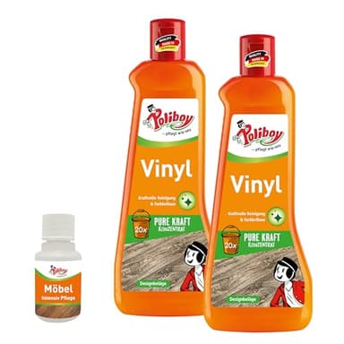 POLIBOY Vinyl Reiniger - Bodenreiniger für Vinylboden & Designboden - Wischpflege als Reinigungskonzentrat mit pflegendem Jojobaöl - 2x 500 ml - inkl. Produktprobe - Made in Germany