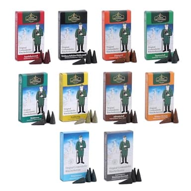 Crottendorfer Räucherkerzen 10er Pack (10 x 24 Stück) – Weihrauch, Tannenduft, Sandelholz, Zimtapfel & mehr – Höhe 2,7cm, Ø 1,2cm – Angenehmer Duft mit Circa 15 Min. Brenndauer pro Räucherkegel
