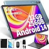 JJGJ Android 14 Tablet mit Tastatur, Tablet 10 Zoll mit 12GB+256GB, 1TB Expand, 8-Core, 8000mAh, 5G WiFi, Widevine L1, GMS, Gesichtserkennung, 2 in 1 Tablet mit Tastatur, Maus, Stylus(Schwarz)