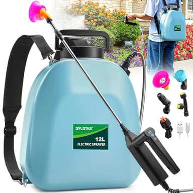 SYLSTAR Drucksprüher 12 Liter, 3 Sprühgeschwindigkeiten Elektrischer Pflanzensprüher mit 5 Nebeldüsen,7.4V Stärker Elektrischer Drucksprüher für Gartenspritze, Unkrautspritze & Wassersprüher