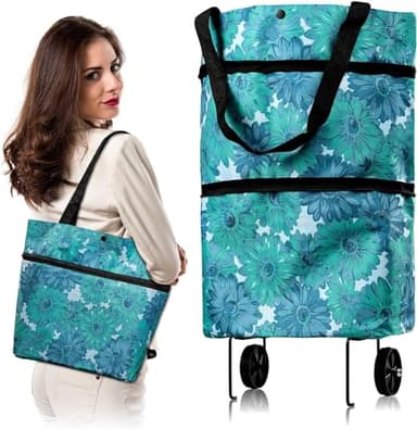 2 in 1 Einkaufstasche mit Rollen Faltbar, Faltbare Einkaufstrolley Tasche, Multifunktionaler Einkaufstasche mit Faltbaren Rädern, 2-in-1 Trolley Einkaufstrolley Faltbar für Einkäufe zu Hause