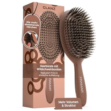 FRAMAR Wildschweinborsten Bürste Damen - Haarbürste Wildschweinborsten, Naturhaarbürste Damen, Sleek Bürste Haare, Haarbürste Naturborsten, Boar Bristle Brush, Haarbürsten,Hair Brush –Schokolade