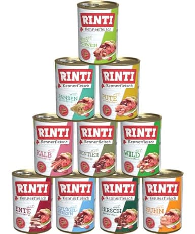 Rinti-Kennerfleisch 10 x 400g Mixpaket | 10 garantierte Sorten | getreidefreies Nassfutter mit 70% Fleisch & Innereien | ohne Soja | Hundefutter