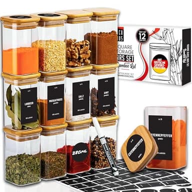 Deco haus® Gewürzgläser Eckig mit Holzdeckel 12er Set [+Gewürzetiketten] - Gewürzbehälter Glas 280ml - Gewürzdosen luftdicht -Gewürzglas - Gewürze Aufbewahrung - Vorratsgläser mit Deckel - Spice Jars