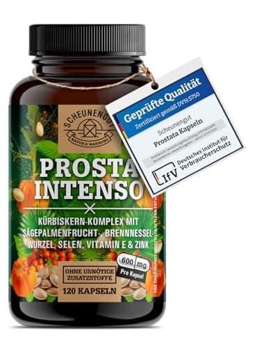 PROSTA INTENSO® Prostata Kapseln - WICHTIG: Laborgeprüfter Markenkomplex mit Sägepalmenextrakt, Brennnesselwurzel, Kürbiskern, Zink, Selen & mehr I Saw Palmetto -DE- SCHEUNENGUT®