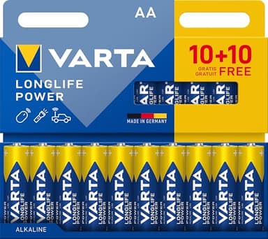 VARTA Batterien AA, 10+10 (20 Stück), Longlife Power, Alkaline, 1,5V, ideal für Spielzeug, Funkmaus, Taschenlampen, Verpackung zu 90% recycelt, Made in Germany