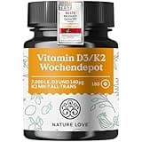 Vitamin D3 K2 Wochendepot - 180 vegane Tabletten - 7000IE D3 + 140µg K2 pro Tablette mit >99,7% all-trans - Hochdosiert & vegan - Laborgeprüft, in Deutschland produziert