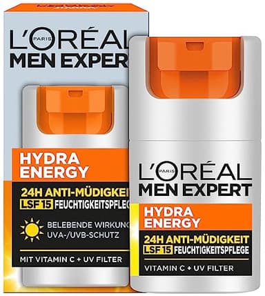L'Oréal Men Expert Gesichtspflege mit LSF 15 für Männer, Belebende Feuchtigkeitscreme 24H Anti-Müdigkeit mit Sonnenschutz, Gesichtscreme für Herren mit Vitamin C und Proteinen, Hydra Energy, 1 x 50 ml