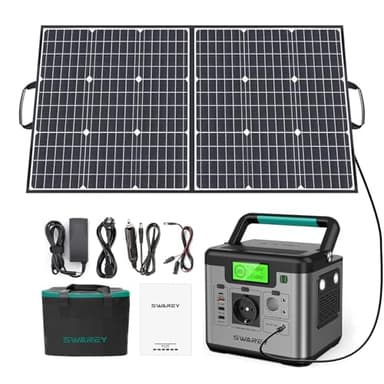 SWAREY Tragbare Powerstation 518Wh mit 100W Faltbarem Solarpanel, 500W (Spitze 1000W) Lithium Battery Solargenerator mit 230V AC, USB-C PD 65W für Draußen Camping Reisen Angeln Wohnmobil