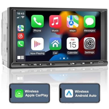 Doppel Din Radio Android mit Wireless CarPlay & Wireless Android Auto, Autoradio mit Navi 7 Zoll Bildschirm, Auto Radio Touch Display mit Bluetooth, AM/FM/RDS, AUX/SWC…