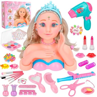 MOMOSTAR Frisierkopf Kinder Set, 62 Stück Schminkkopf und Frisierkopf für Mädchen, Schminkpuppe mit Kinderschminke Friseur Zubehör Nagellack, Frisierpuppe Geschenk für Mädchen ab 3 4 5 6 Jahre