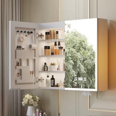 LEADZM LED Beleuchtetes Badezimmer Medizin Spiegel Kabinett Stufenloses Dimmen, Speicher 3-Farben Modus, Stromausfallspeicher, Steckdosen & 2 USBs (80 x 70 m)