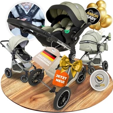 Kinderwagen 3 in 1 [Babywagen & Autositz] mit Babyschale Fahrgestell Kombi als Set | Stroller Baby | Isofix Station & 5-Punkt Sicherheitsgurt Kinderwagen Buggy Reisebuggy Buggys | Babywagen