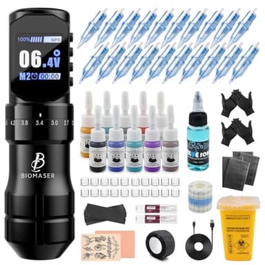 Biomaser Complete Maschine Set Wireless Rotary Pen with 2200mAh Battery 20pcs Cartridge Needles 4.5mm Hublänge Digitaler LED Stift Maschine, Wireless Maschine Pen für Anfänger