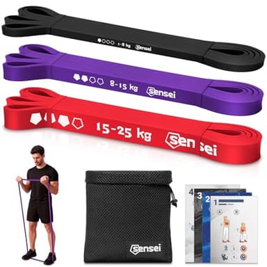 SENSEI® Widerstandsbänder Set (1-25 kg) – 3 Fitnessbänder für Krafttraining & Klimmzughilfe – Gummibänder Set inkl. Übungsanleitung