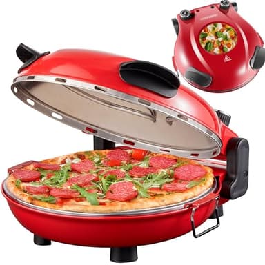 Pizzaofen elektrisch mit 32 cm Pizzastein | 390°C | Pizzabackofen | Pizza-Backstation | Elektrischer Pizzagrill | Pizzabackmaschine | Timer | 5 Stufen | 1200 Watt | Pizza Bräter | Pizzaofenherd