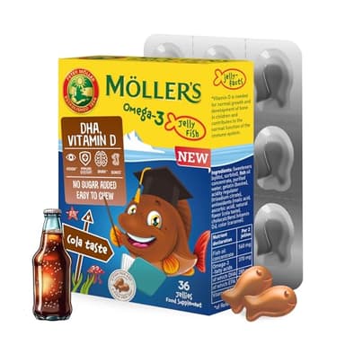 Möller's Omega 3 Kapseln für Kinder | Natürliche Omega 3 Fischtran mit Cola | Mit DHA und EPA | Leicht zu kauen | Ohne Gluten, Laktose und Zucker | 36 Stück