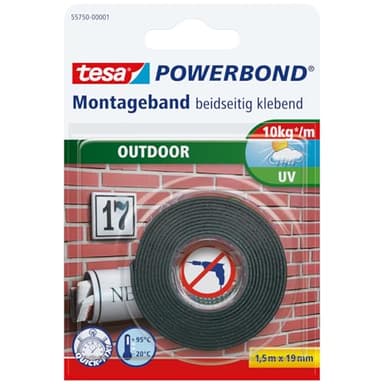 tesa Powerbond Outdoor - Doppelseitiges Montageband für den Außenbereich - Wasserfestes, starkes, UV-beständiges Klebeband - 1,5 m x 19 mm