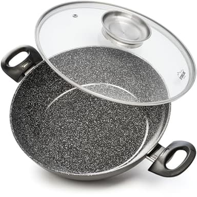 STONELINE Ceramic Servierpfanne 28 cm Hoher Rand Keramikpfanne Induktion Antihaft Pfanne mit Deckel, Keramikbeschichtung mit echten Steinpartikeln, PFAS frei, Für alle Herdarten, Backofengeeignet