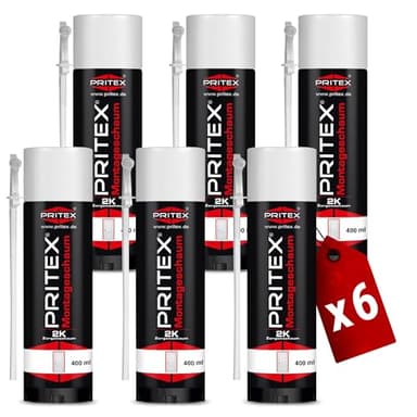 PRITEX – 2K Montageschaum 6 x 400 ml inkl. Aussprührohr – Bauschaum zum Verfüllen, Dämmen & Abdichten – Zargenschaum zur Montage von Türzargen, Fensterrahmen & Holztürfuttern