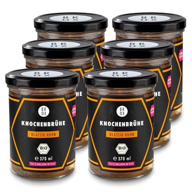 BROX Knochenbrühe Huhn Bio [6x370ml] – 24 Std. gekocht, Deutschland – Kollagen & Aminosäuren – Hühnerbrühe aus Freilandhaltung – Premium Bone Broth