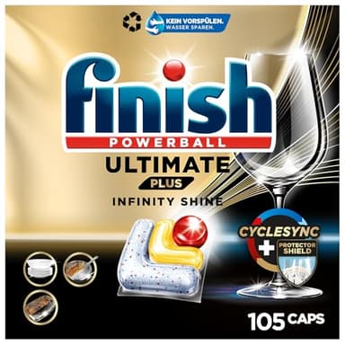 Finish Ultimate Plus Infinity Shine Citrus Spülmaschinentabs – Geschirrspültabs für intensive Reinigung, Fettlösekraft und Glanz mit Schutzschild – 105 Finish Caps