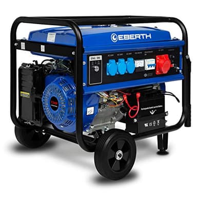 EBERTH 5500 Watt Notstromaggregat Stromerzeuger Stromaggregat mit Fahrwerk, E-Start, 13 PS Benzinmotor, 4-Takt, 3-Phasen, 1x 400V, 3x 230V, 1x 12V, automatischer Voltregler AVR, Ölmangelsicherung