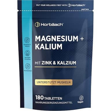 Magnesium Kalium Komplex mit Calcium Zink | 6 Monate Vorrat - 180 Vegane Tabletten | Hochdosiert | Basenpulver Tabletten | von Horbaach