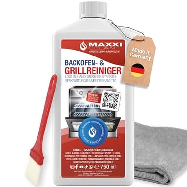 MAXXI CLEAN| Backofen,- und Grillreiniger Kombiset | 1x 750 ml Gel, 1x Pinsel und 1x Microfasertuch | selbstarbeitender Reiniger und Fettlöser | für Herdplatte & Grill | löst Verkrustungen