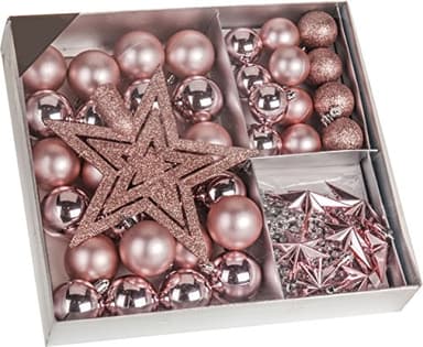 Weihnachtsbaumschmuck Set - 45 teilig in Rosatönen - 36 Kugeln, Weihnachtsbumspitze, Dekosterne und Kette
