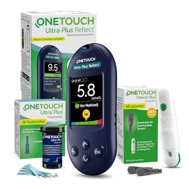 OneTouch Ultra Plus Reflect® Blutzuckermessgerät Set – Starterset Diabetes mmol/L – Inkl. 40 Teststreifen & 40 Lanzetten – Präzise Messung, einfache Anwendung – Stiftung Warentest SEHR GUT (1,5)