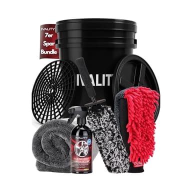 Ivality 7-teiliges Auto waschen set für optimale Handwäsche mit 20L Wascheimer, Deckel & Schmutzsieb, XXL Mikrofasertücher, 3-in-1 Waschhandschuh, Felgenbürste und Felgenreiniger für Autopflege