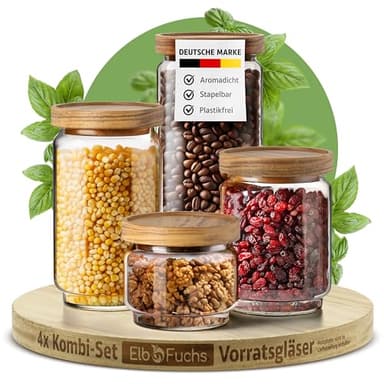 ElbFuchs® Vorratsgläser Set mit Deckel NEU [LUFTDICHT & MOTTENSICHER] Vorratsdosen Glas mit Holzdeckel | Aufbewahrungsgläser für Gewürze und Lebensmittel | 300, 500, 700 & 1000ml