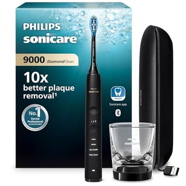 Philips Sonicare DiamondClean 9000 elektrische Zahnbürste, Schallzahnbürste mit App, Drucksensor, 4 Putzmodi, 3 Intensitätsstufen, Ladeglas und USB-Reiseetui, Schwarz, Modell HX9911/09